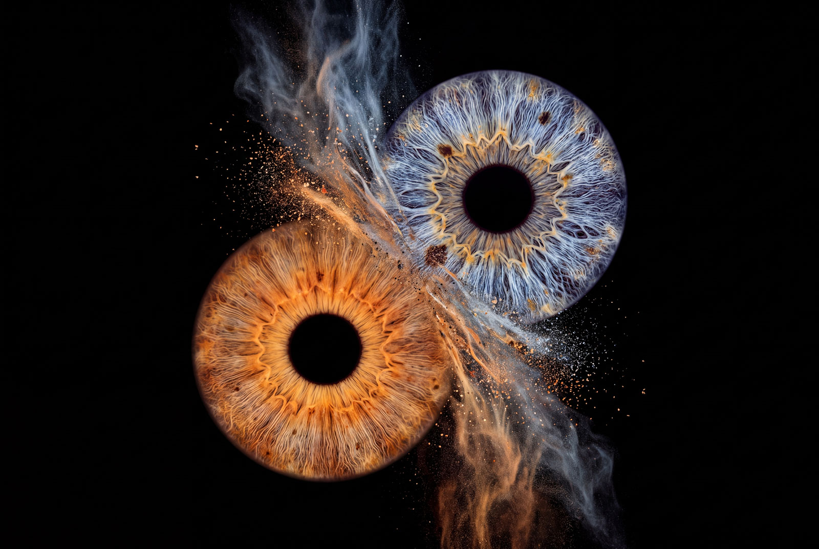 Zwei Iris, eine orange und eine blaue, die in einer Farbwolke aufeinandertreffen