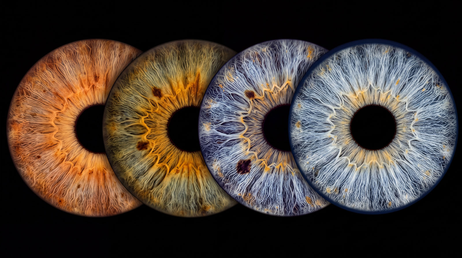 Vier Iris in Orange-, Grün- und Blautönen, überlappend angeordnet