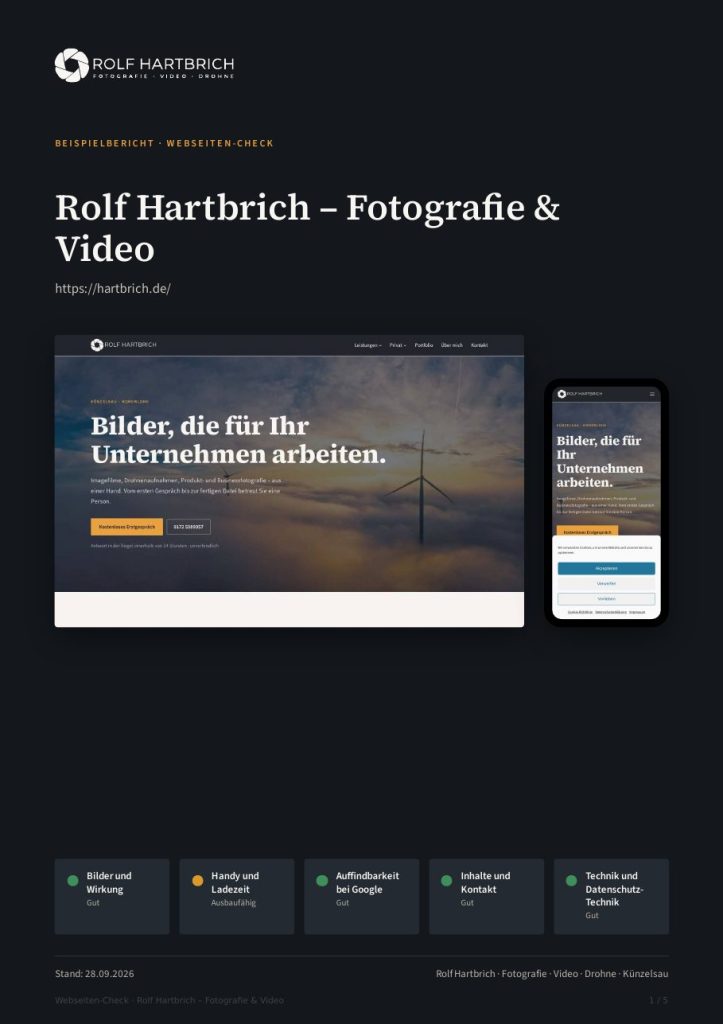 Deckblatt des Beispielberichts mit Screenshots und Ampel