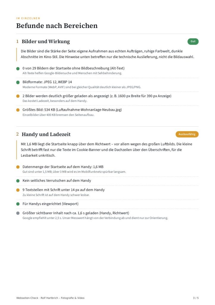 Seite 3 des Beispielberichts: Befunde zu Bildern sowie Handy und Ladezeit